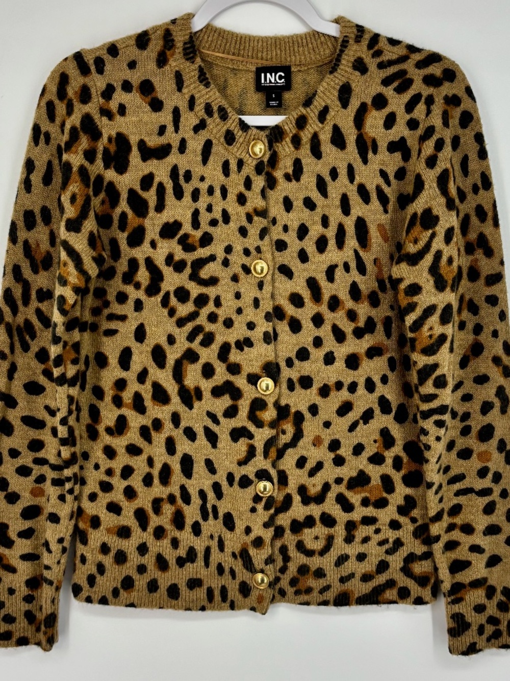INC Womens Small XS Button Front Cardigan Sweater Tan Black Animal Wool Blend LS